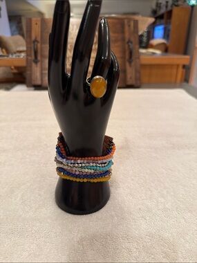 Plunder Multi-Color Beaded Bracelet Stack with Leather Closure & Amber Ring